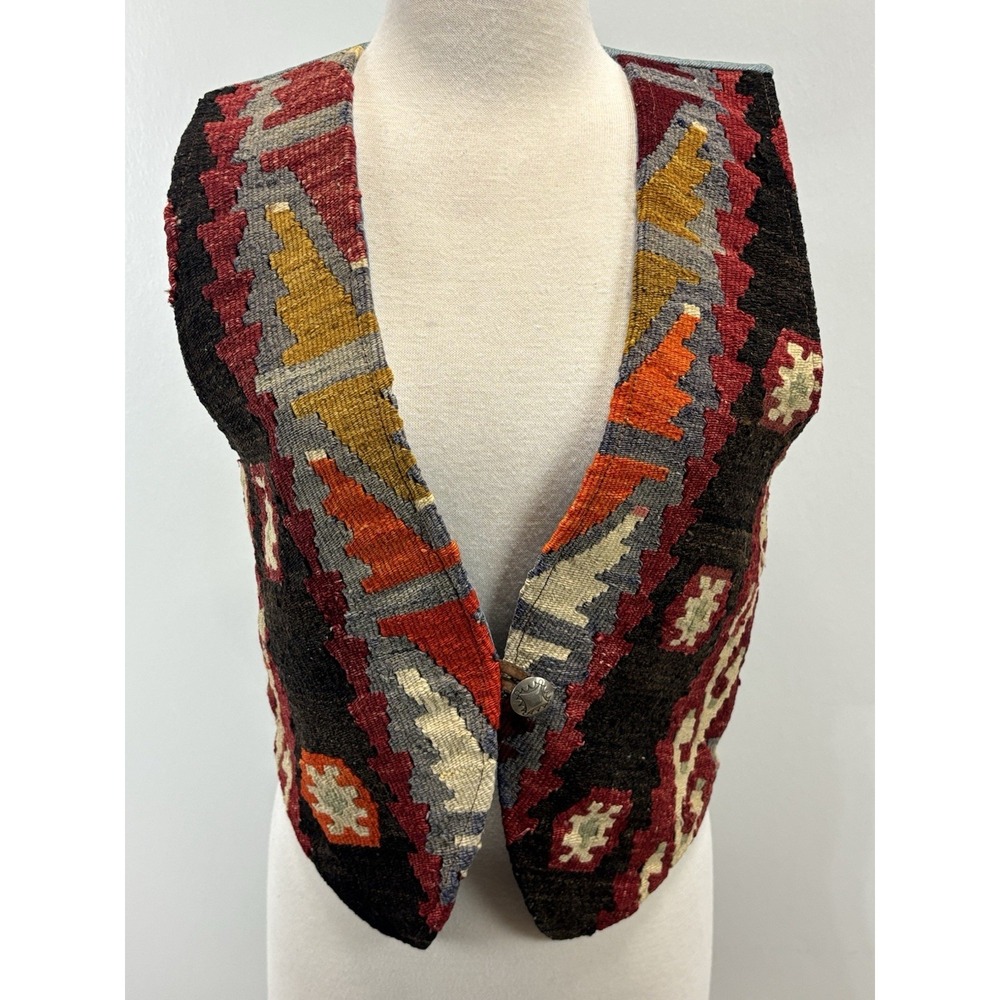 Vtg Turkish Kilim And Denim Vest Sz Medium Women's Southwest Boho Yellowstone